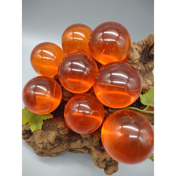 Vintage 11" Long MCM Large Orange Lucite Grape Cluster Burlwood Mid Century Mod - Picture 11 of 17